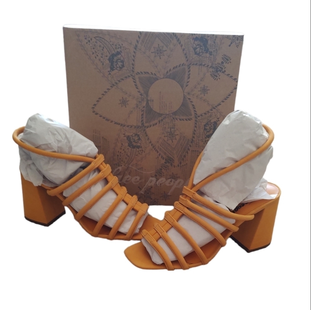Free People Colette Cinched Heel Strappy Sandal in Hot Orange NIB Sz.9.5